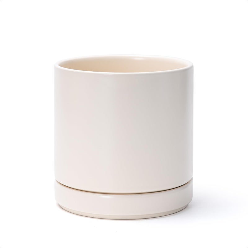 D'vine Dev 6 Inch Ceramic Planter Pot with Drainage Hole and Saucer, Indoor Cylinder Round Planter Pot, Oatmeal, 94-O-C-8 - Image 1